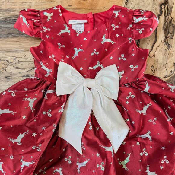 Bonnie Jean, Little Girls Size 6X Red Cap Sleeve Reindeer Jacquard Holiday Dress - Picture 2 of 8